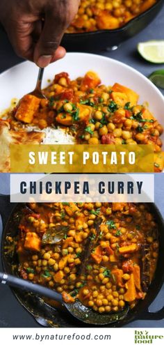 sweet potato chickpea curry in a skillet with the title text overlay