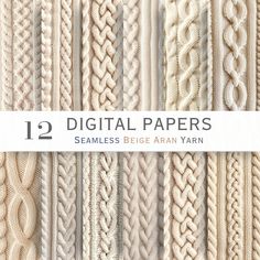 twelve different knitted papers with the text 12 digital papers seamless, beige and white