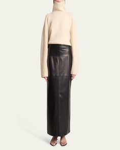 Proenza Schouler "Adriana" skirt crafted from luscious sheepskin leather with an integrated adjustable belt    Highrise waistband     Centerback vented hem    Full length    Pencil style    Slipon style     Leather/elastane    Made in Poland Leather Maxi Skirt, Paper Leather, Adjustable Belt, Proenza Schouler, Poland, Maxi Skirt, Full Length, Tops Designs, Top Brands