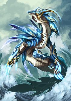 a blue and white dragon sitting on top of a wave