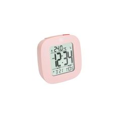 a pink alarm clock on a white background