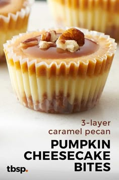 caramel pecan pumpkin cheesecake bites with text overlay that reads 3 - layer caramel pecan pumpkin cheesecake bites