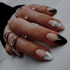 Edgy Spring Nail Designs, Goth Valentines Nails, Dark Valentines Day Nails, Round Tip Nails, Rocker Nails, Art Ideas Easy, Pretty Fingers, French Tip Nail Art, Boho Nails