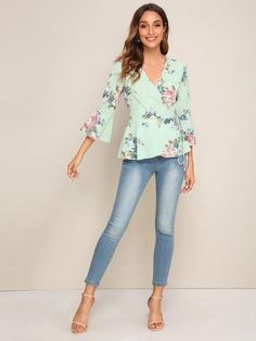 Three Quarter, Peplum Top, Floral Tops, Knot, Bell Sleeve Top, Blouses For Women, Floral Print, Cute Outfits