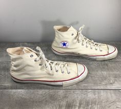 "Up on ETSY for buy is a pair of good condition, Vintage CONVERSE Chucks All Star Tan Canvas High Top Men's Shoes Sneakers Kicks. Made in USA. Size marked on bottom outsole is \"12\". Canvas lined. Brown rubber soles. From smoke-free home. Clean inside and out. Approximate Outside Dimensions: 12.5 inches heel to toe by 4.25 inches across the ball of footwear. Sold as is gently used.  Please check out the pictures. If you need more pictures or information regarding the item, please send them to m Top Shoes For Men, Converse Chucks, Vintage Converse, Vintage Boots, 5 Inch Heels, Pretty Shoes, New Wardrobe, Converse Chuck, Chucks Converse