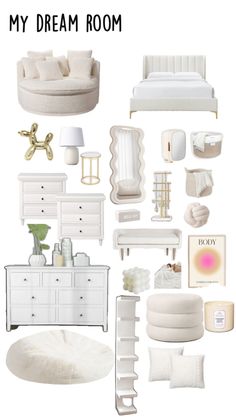 a collage of white furniture and accessories with the words my dream room above it