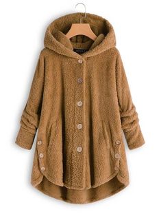 Manteau doudoune à manches longues en molleton à capuche avec capuchon et boutons - JustFashionNow.com Winter Coats For Women, Plush Coat, Hooded Winter Coat, Warm Winter Jackets, Fleece Jacket Womens, Cozy Coats, Loose Cardigan, Plus Size Cardigans, Long Sweaters Cardigan