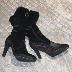 Black Fur Heeled Boots Vet Soft Not Sure What The Fur Is But They Are Stunning And Made In Italy , Brand New No Box Or Tags , No Issues , Odors , Smoking Or Pets Grey Angel Wings, Fashion Core, Y2k Heels, Fur Heels, 2000s Pink, Leather Heeled Boots, Size 11 Heels, Girly Shoes, Tokio Hotel