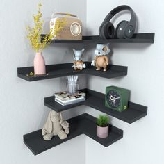 there are three shelves that have various items on them