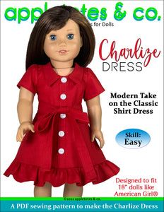 the doll is wearing a red dress with white buttons