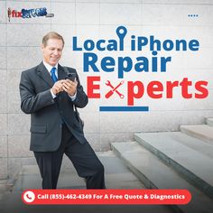 a man standing in front of a sign that says local phone repair expert's