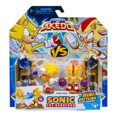 two action figures are shown in the packaging for sonic and tails toy sets, one is yellow