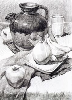 a drawing of apples and a pitcher on a table