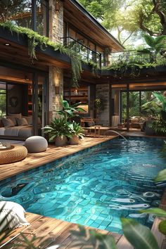 an outdoor pool surrounded by greenery next to a patio with couches and tables