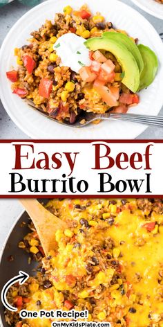 an easy beef burrito bowl with avocado and sour cream on the side