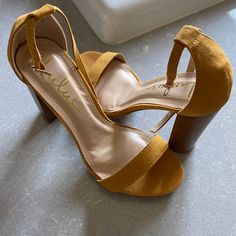 Cute Heels/Sandals. Never Worn. Mustard High Heels For Summer, Mustard Heels, Yellow 4-inch Heels For Formal Occasions, Mustard Yellow Heels, Trendy Yellow Heels With 4-inch Heel, Yellow Synthetic Heels With 4-inch Heel, Yellow Heels, Cute Heels, Colorful Shoes