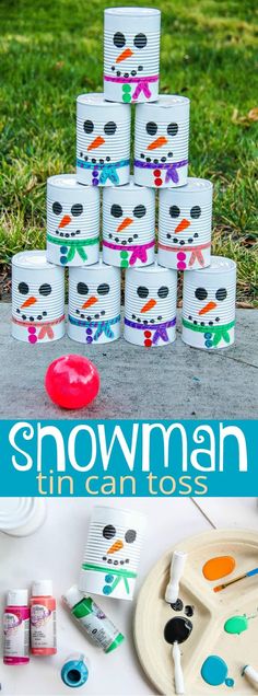 the snowman tin can toss game is on display