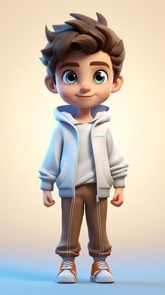 a cartoon boy in a white hoodie and brown pants