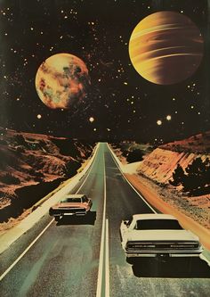 two cars are driving down the road with planets in the background