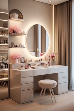 a vanity with a mirror and stool in front of the window, next to a wall mounted shelving unit