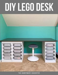 there is a desk with many drawers under it and the text overlay reads diy lego desk