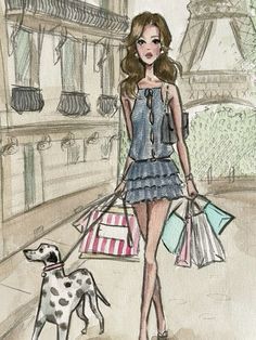 a drawing of a woman with shopping bags and a dog in front of the eiffel tower