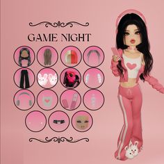 a girl in pink and white outfit holding a doll next to a game night poster