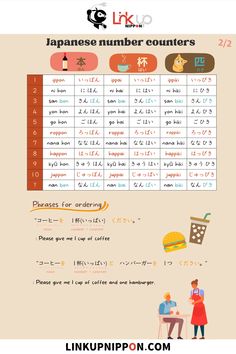 the japanese number counter is shown in this graphic style, with two people sitting at a table