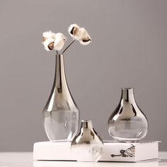 three glass vases with flowers in them on a white countertop against a gray background