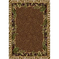 an animal print area rug with leaves and spots on the border, in brown tones