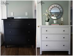 before and after photos of a dresser with white paint on the top, black drawers below