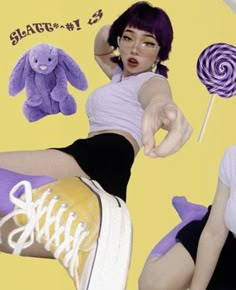 a woman with purple hair holding a lollipop in one hand and a stuffed animal in the other