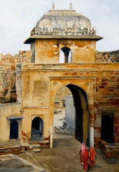 a painting of two people standing in front of an old building with a bell tower