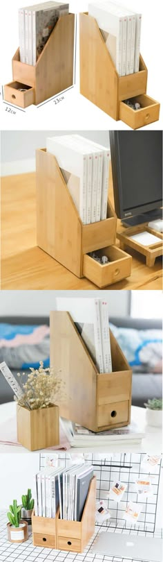 there are three different views of a desk with books and magazines in the drawer, one on top of the other