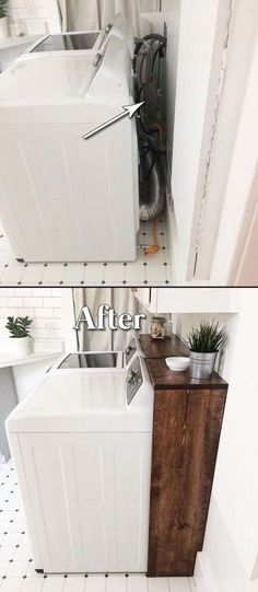 before and after pictures of a small laundry room with washer and dryer in it