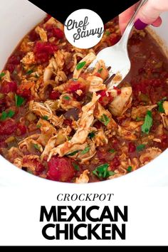 a bowl of crockpot mexican chicken soup with a spoon in it and the title overlay reads crockpot mexican chicken