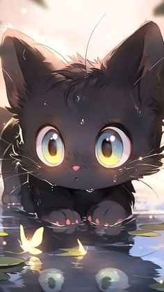 a black cat sitting on top of a body of water