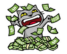 a cat that is sitting on top of stacks of money with the words $ 100 written below it