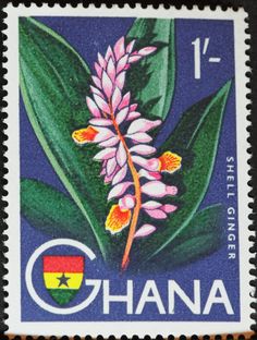 a postage stamp with the image of a pink flower and green leaves on it's side