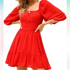 Perfect For Date Night Or Casual Day Out! Lantern Sleeve Tie Back Dress Dress Flowy Sleeves, Mini Dress Flowy, Red Summer Dress, Vintage Mini Dresses, Jumpsuit Blue, Black Overalls, Body Curves, Black One Piece, Lantern Sleeve