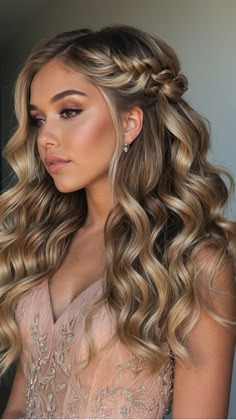 Hair To Do For Prom, Down Hairdos For Prom, Homecoming Hair Ideas For Long Hair, Styled Curls Hairstyles, Homecoming Hairstyles Hair Down, Prom Hair Plait, Medium Hair Formal Hairstyles, Curl Wedding Hair Styles, Hairstyles For Long Hair With Curls