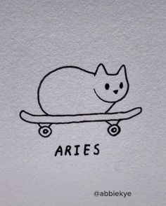 a drawing of a cat sitting on top of a skateboard that says aries