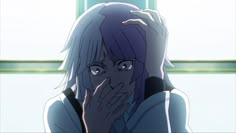 an anime character with blue hair covering her face and hands in front of her face