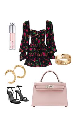 a woman's outfit and accessories including a handbag