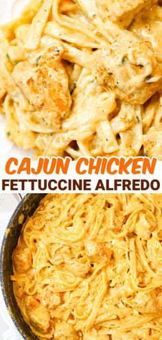 this is an image of chicken fettuccine alfredo in a skillet with text overlay