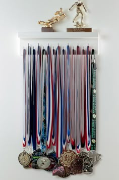 several medals are hanging on a wall with a trophy in the middle and another medal is below it