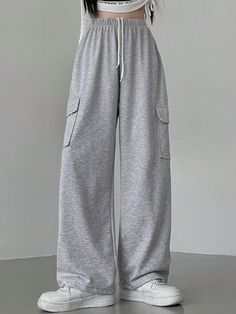 Casual Loose Fit Sweatpants Grey    Knitted Fabric Plain Wide Leg Non-Stretch  Women Clothing, size features are:Bust: ,Length: ,Sleeve Length: Wide Legged Sweatpants, Gray Baggy Sweatpants, Baggy Sports Pants, Wide Leg Sweatpants Outfit Casual, Sweat Pants Aesthetic, Cute Sweat Pants, Swear Pants, Pants Gris, Clothes Sweatpants