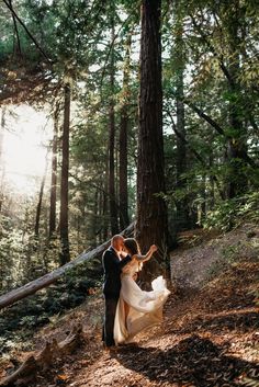 a bride and groom are walking through the woods on their wedding day with sunlight streaming through the trees