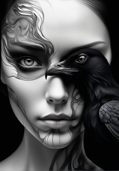 a woman's face painted with black and white art, including a bird on her shoulder