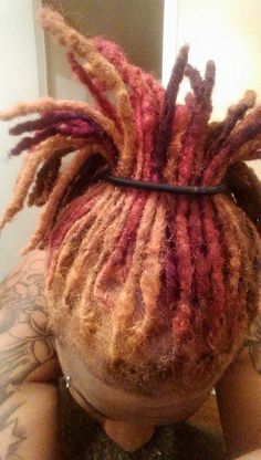 Pb J Hair Color Locs, Pb J Locs, Died Dread Locks, Different Color Dreads, Dreadlock Dye Ideas Men, Brown And Pink Dreads, Pink Locs Men, Multicolored Locs, Colored Locs Men